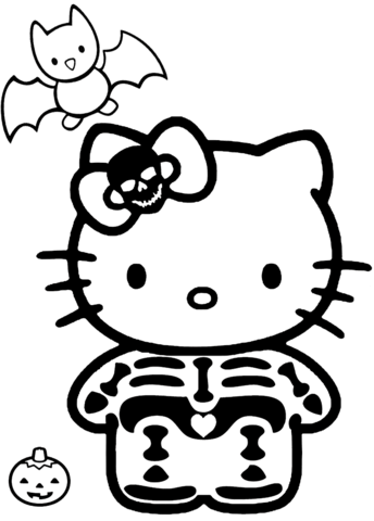 Hello Kitty Halloween Skeleton Coloring Page